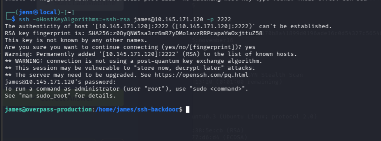 SSH login successful on port 2222 as james via the backdoor